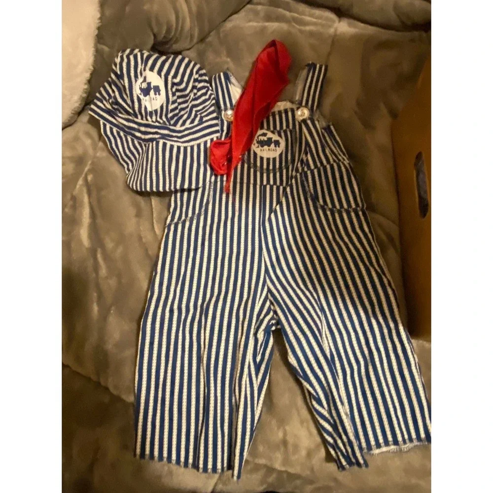 Fun World Train Engineer Costume Infant 6-12M Striped Overalls Hat Bandanna